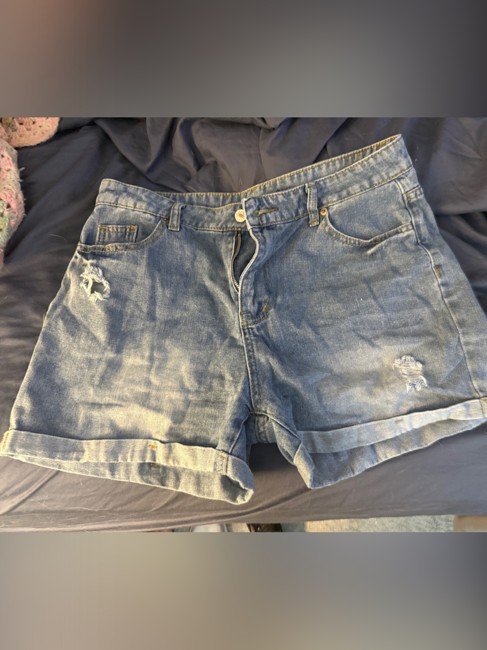 High-Waist Distressed Denim Shorts - Medium Blue